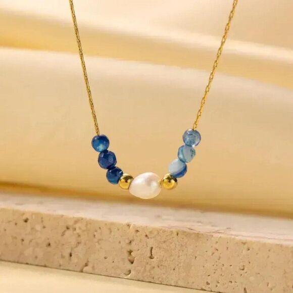 Vintage Style Natural Stone Freshwater Pearl Necklace with Blue Stones - Picture 1 of 6